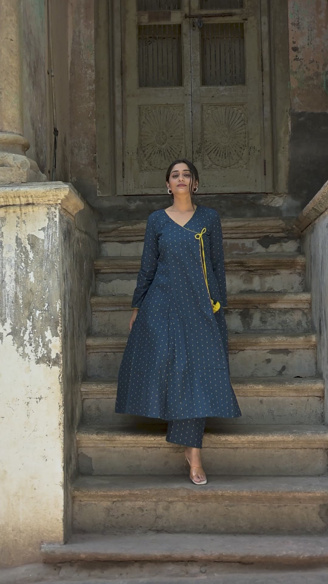 Royal Blue Cotton Dobby A-line Angarkha style kurti And Palazzo set
