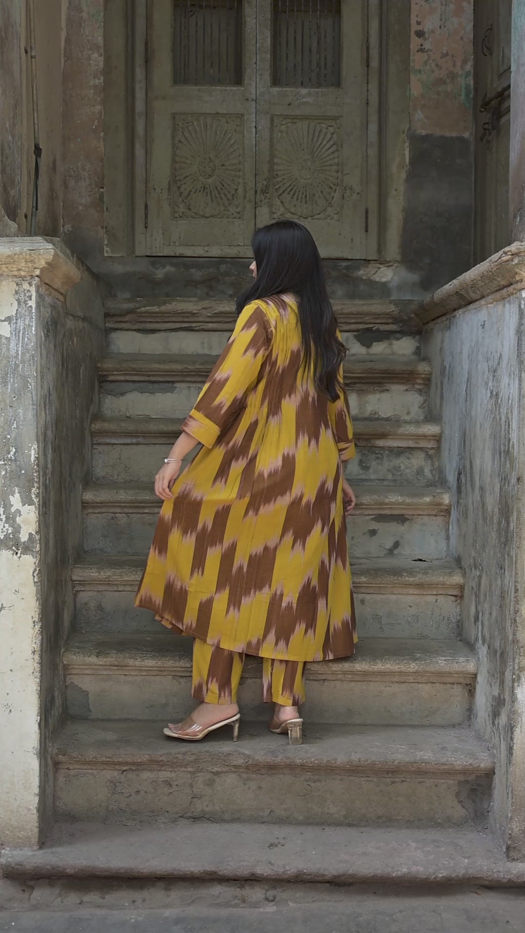Musturd yellow And Light Brown Handloom Ikkat Front Both Side Plitted A-line Kurti And Palazzo set