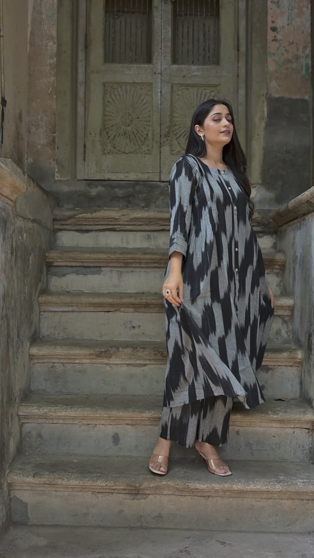 Black Grey Handloom Ikkat Front Both Side Plitted A-line Kurti And Palazzo set