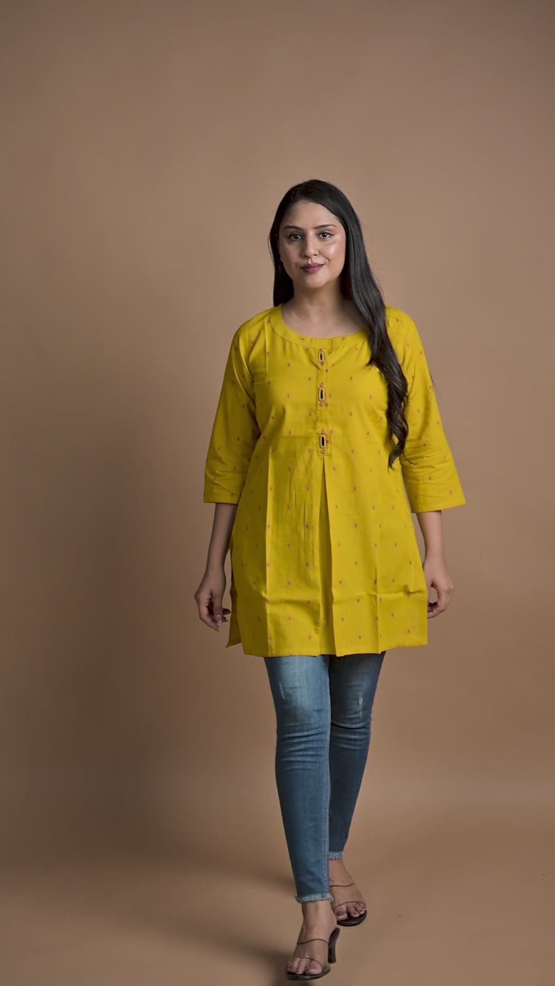 Classic Yellow Cotton Dobby   Front Box pleats Short kurti