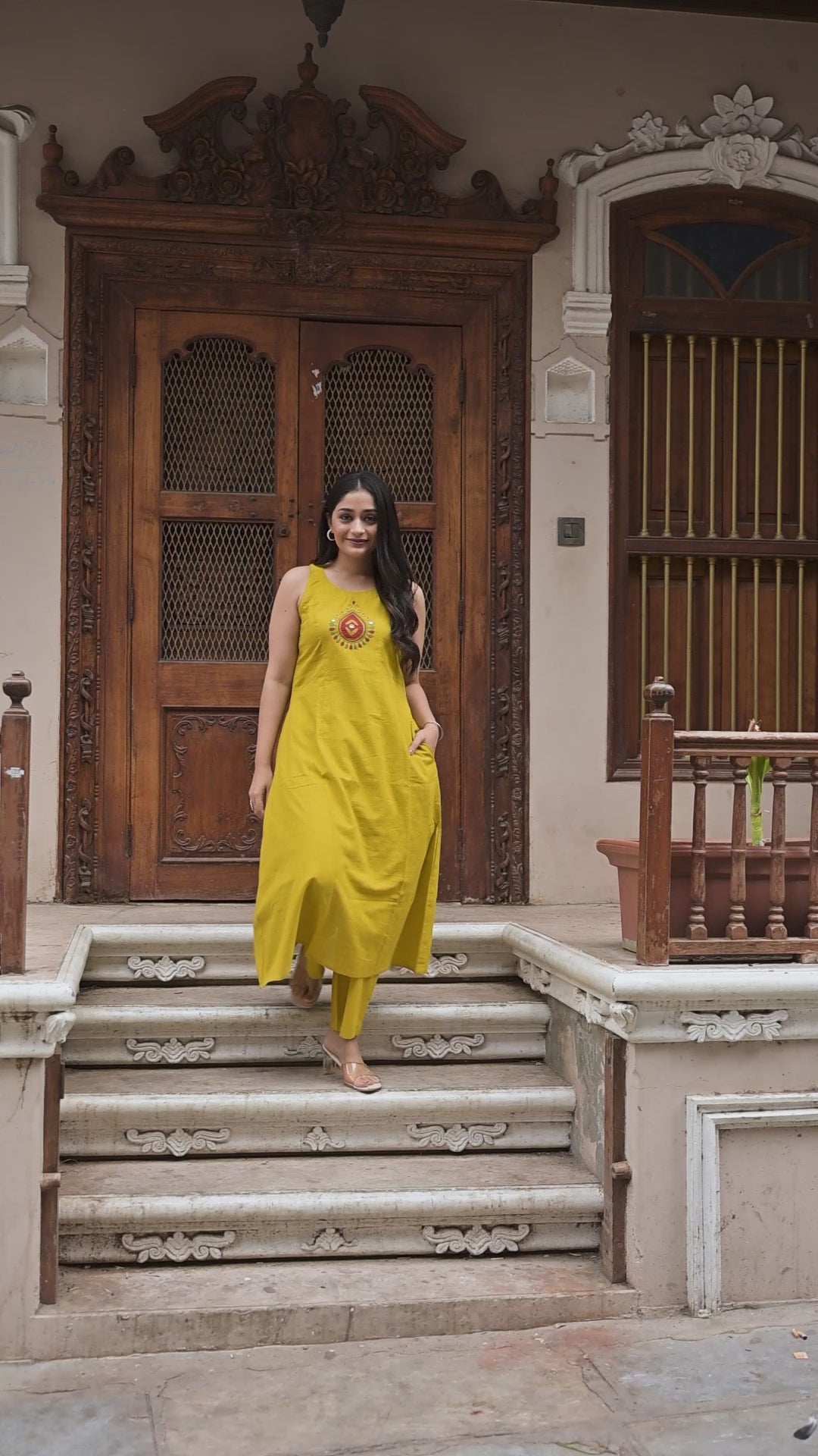 Yellow Cotton Slub A-Line Top And Palazzo
