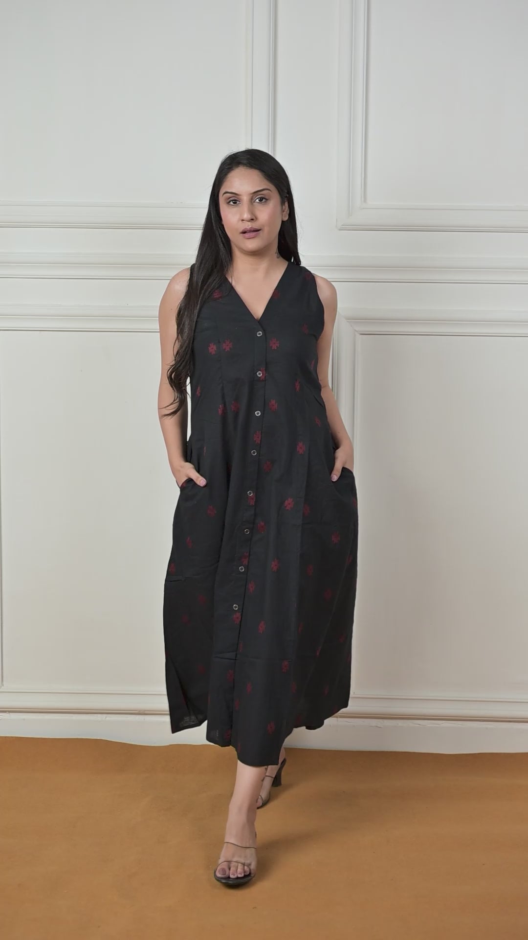 Black Cotton Dobby Haulter 6-kali Open Front A-line Dress