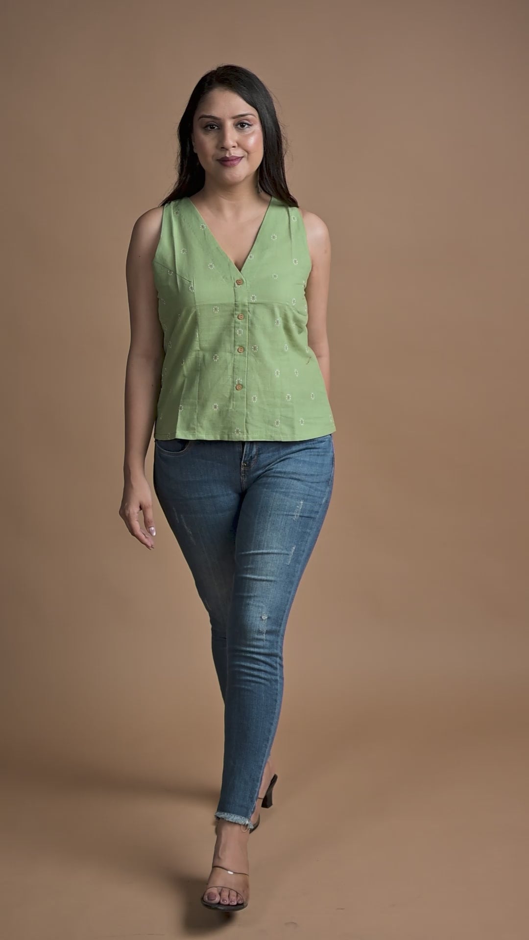 Pista Green Cotton Dobby Front Open Haulter Crop top