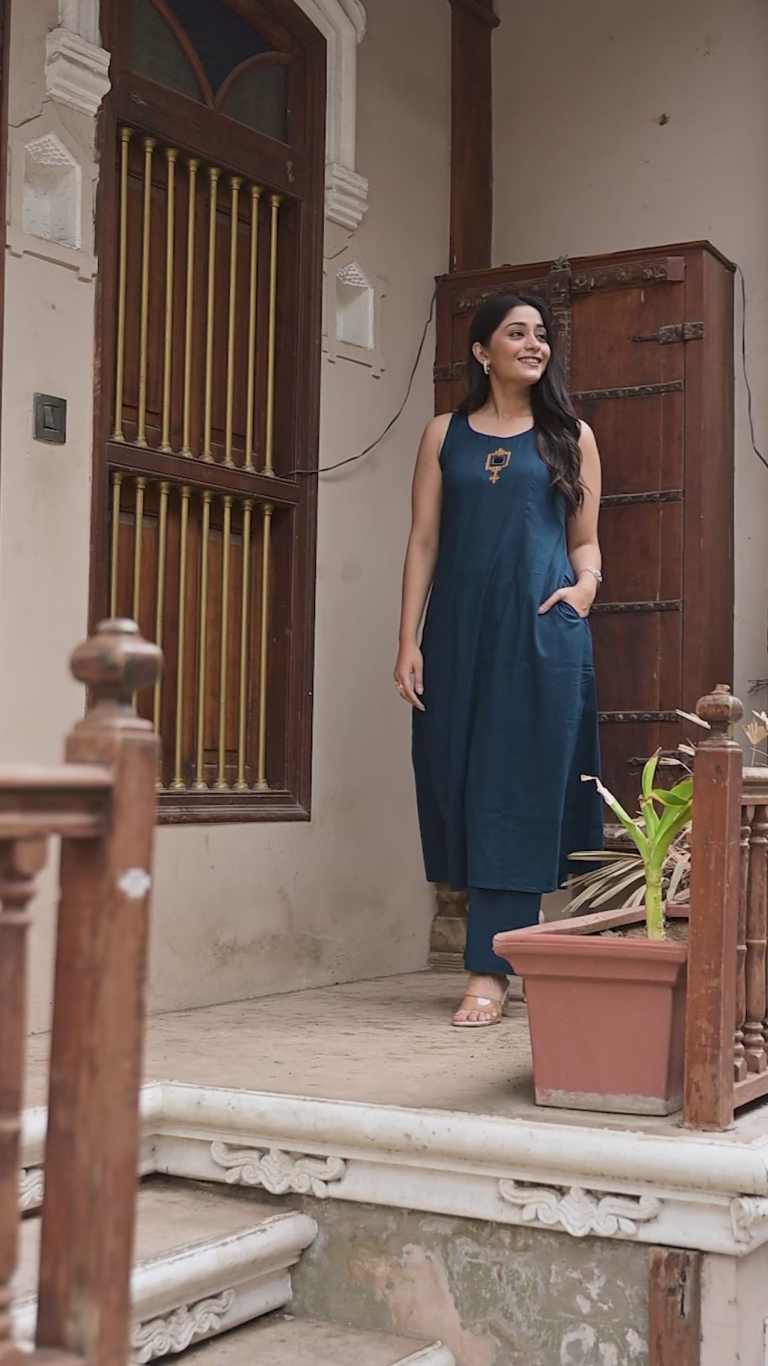 Blue Cotton Slub Halter A-Line Top And Palazzo