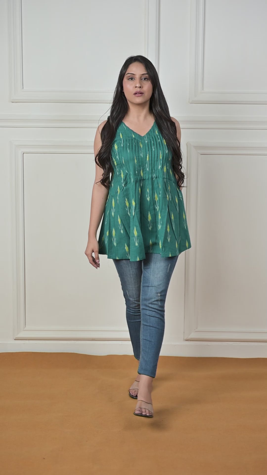 Rama Blue Ikkat Haulter Front Plitted Short Kurti