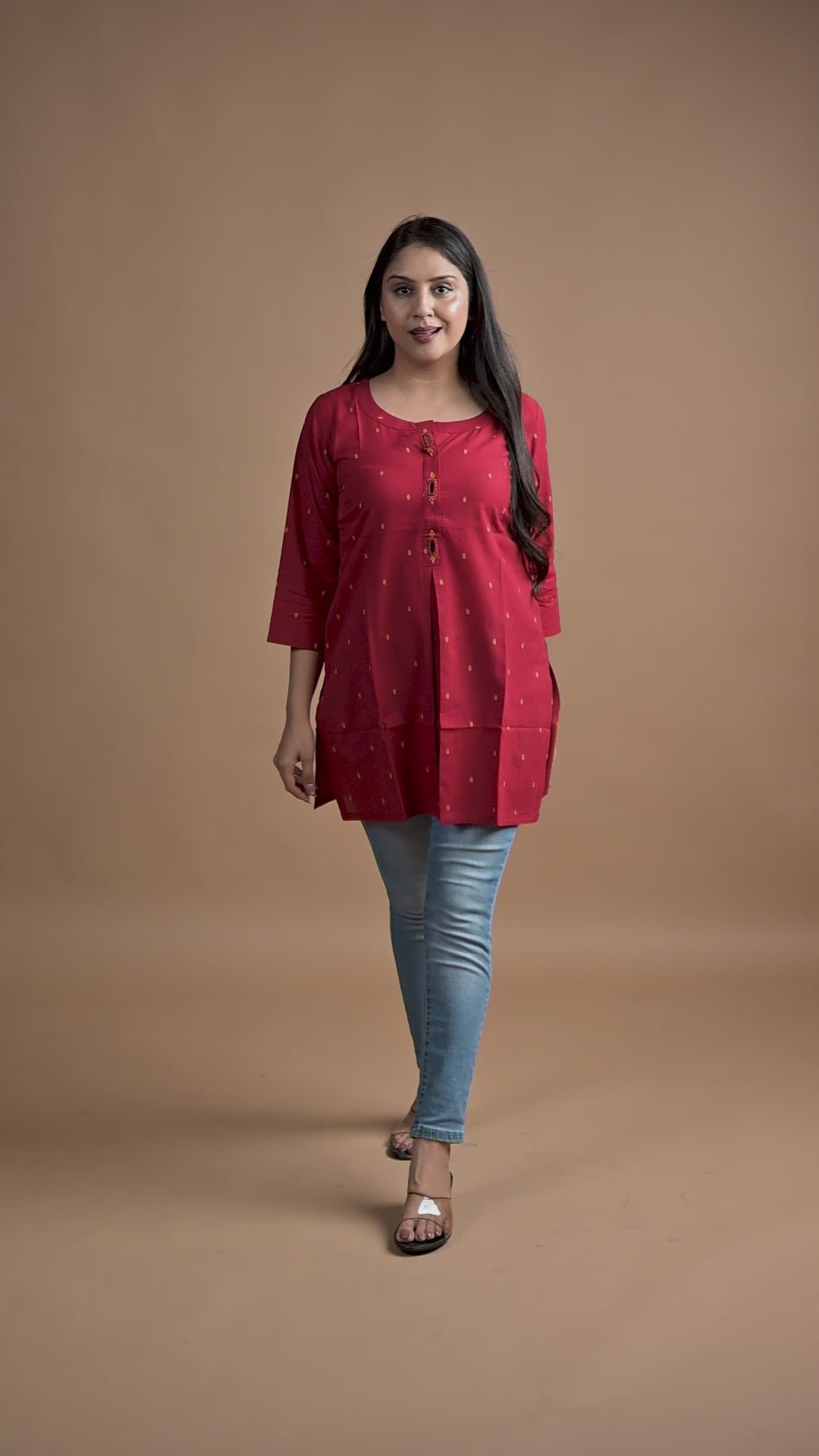 Classic Red Cotton Dobby  Front Box pleats Short kurti
